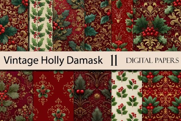 Download Vintage Holly Damask Digital Paper - Vintage holly Collection